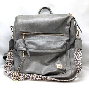 NWOT Pink Cove Dawn Backpack Purse Bag Gray Vegan Leather w/ Leopard Print Strap